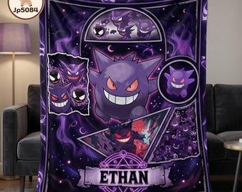 May include: A purple fleece blanket featuring multiple illustrations of the ghost-type creature Gengar in various poses. The design includes a central large Gengar, geometric frames, swirling purple smoke, and a banner with the name ETHAN.