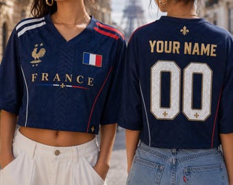 France Crop Top Jersey, Custom Name Number Soccer Shirt, Personalized French Football Fan Tee, Sporty Aesthetic Girls Game Day Outfit