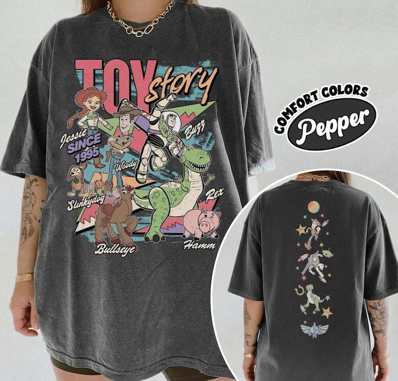 2 Side Toy Story 1995 Comfort Colors Shirt, Woody Buzz Lightyear Rex Tee, WDW Disneyland Family Vacation 2026 Trip, Disneyland Pixar Fest image 1