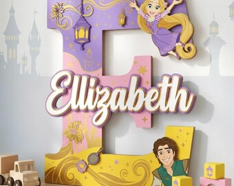 Rapunzel Custom Name Sign, Tangled Nursery Decor, Personalized Wood Letter Elizabeth, Princess Wall Art, Flynn Rider Baby Girl Birthday Gift