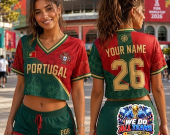 Portugal Crop Top Jersey, Custom Name Number Soccer Shirt For Women, Personalized Football Fan Clothing Red Green Stadium Outfits