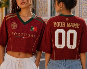 Portugal Crop Top Football Jersey, Custom Soccer Shirt for Women, Personalized Name Number Gameday Outfit, Portuguese Selecao Fan Gear Tee