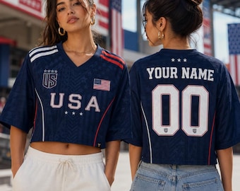 Personalized USA Crop Top Football Jersey, Custom Name Number Jersey Shirt, 2026 USA Football Fan Crop Top Tee for Women