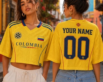 Custom Colombia Soccer Crop Top Jersey,Personalized Colombia Football Shirt for Women,Custom Name Number Yellow Colombian Fan Gear Tee Shirt