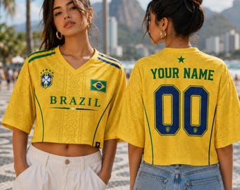 Brazil Crop Top Football Jersey,Custom Name Brasil Soccer Shirt,Personalized Game Day Crop Tee,Trendy Y2K Blokecore Aesthetic Clothing Women