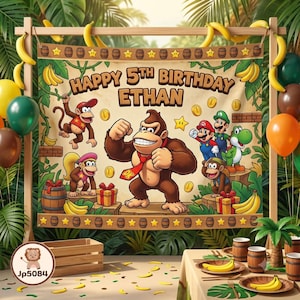 May include: A rectangular party backdrop featuring Donkey Kong and friends with the text Happy 5th Birthday Ethan. The design includes brown barrels, yellow stars, gold coins, and bananas against a jungle background with green palm leaves.