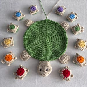 May include: A large, circular, green crocheted turtle shell with a beige head and four beige flippers, surrounded by ten smaller, beige crocheted turtle-shaped ornaments featuring colorful centers in purple, blue, green, yellow, orange, and red.
