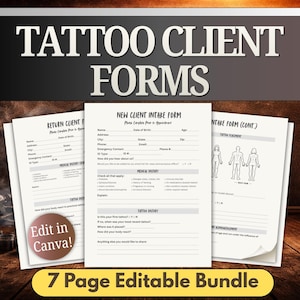 Op de afbeelding: Een 7-pagina's tellend bewerkbaar pakket met tattoo-klantformulieren, inclusief een intakeformulier voor nieuwe klanten, een formulier voor terugkerende klanten en secties voor medische geschiedenis met velden voor persoonlijke gegevens.