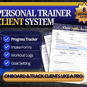 May include: A digital personal trainer client system with editable pages. The image features a client intake form, progress tracker, workout logs, and goal setting tools. Text includes "Onboard & Track Clients Like a Pro."