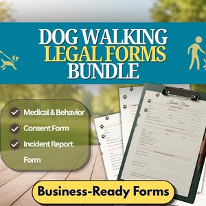 Può includere: Un pacchetto di moduli legali per dog walking con un'intestazione color ottanio con il testo DOG WALKING LEGAL FORMS BUNDLE e due icone di dog walker. Include una cartellina con moduli di ammissione, consenso e rapporti sugli incidenti.
