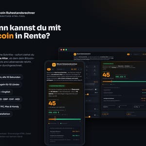 Könnte beinhalten: Eine dunkel gestaltete digitale Benutzeroberfläche für einen Bitcoin-Ruhestandsrechner, dargestellt auf einem Smartphone und einem Desktop-Bildschirm. Das Layout zeigt orangefarbenen und weißen Text, interaktive Schieberegler und Finanzdaten.