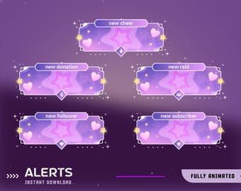 Schöne Nacht animierte Stream Alarm Überlagerungspaket, Lila Rosa Überlagerung, Herzen Wolkenüberlagerung, Sternrahmendesign, Weicher Schein Nachthimmel
