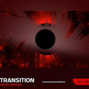 Puede incluir: Gráfico digital con una combinación de colores rojo oscuro y negro. Un gran círculo negro está en el centro, rodeado de rayas rojas y partículas brillantes. La palabra "TRANSITION" está en la parte inferior, con "DESCARGA INSTANTÁNEA" debajo.