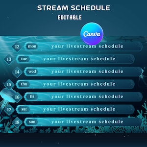 以下が含まれることがあります： 「STREAM SCHEDULE EDITABLE」のテキストとCanvaのロゴが入った、青とターコイズ色のデジタルストリームスケジュールテンプレート。スケジュールには曜日とライブストリームスケジュールのスペースがあり、水中をテーマにしています。