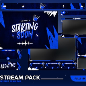 May include: A digital stream pack in dark blue and white. It features animated overlays, panels, and screens. Text includes "Starting Soon" and "About Me". The design incorporates crowns and geometric shapes, suitable for gaming and streaming.