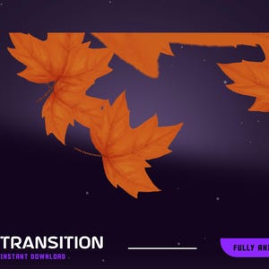May include: Digital graphic with orange autumn leaves on a dark purple backdrop with white specks. The word "TRANSITION" is in white text, with "INSTANT DOWNLOAD" below. A purple rectangle reads "FULLY ANIMATED".