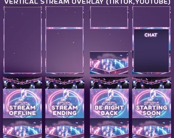 Neon Symphony Animated Tiktok Overlay Stream Package, Vertical Twitch, Tiktok Live, Lavender Purple, Futuristic Stage,Reflective Glass Floor
