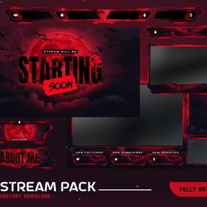 Könnte beinhalten: Ein animiertes Stream-Paket in Rot und Schwarz mit einem dunklen, bedrohlichen Thema. Das Design umfasst einen großen Mond, Fledermäuse und die Worte "STARTING SOON". Zusätzliche Elemente sind Panels für "About Me", neue Follower, Abonnenten und Spenden.