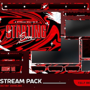 May include: A red and black stream pack with a dynamic, abstract design. The pack includes various animated overlays and panels, with the text "STARTING SOON" prominently displayed. Additional text includes "ABOUT ME" and "NEW CHEER".
