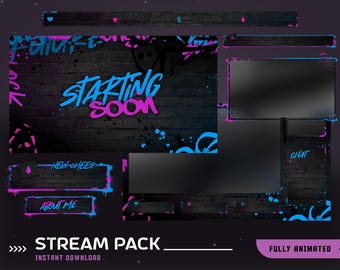 Brick Splash animiertes Stream Overlay Paket, Graffiti Twitch Overlay, Neon Street Overlay, Street Art Vtuber Overlay, Sprühfarbe Overlay