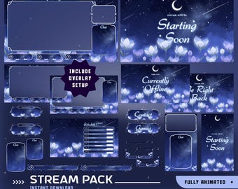 Nachtblume animiertes Stream-Overlay-Paket, gemütliche Blumenvibes, Halbmond-Thema, Sternennachtdesign, glühende Ästhetik, dunkelblaue Vertikale