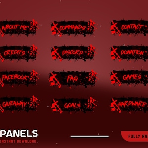 May include: A set of animated panels with a red and black color scheme. Each panel features a different word in white, such as "About Me", "Commands", and "Contact", set against a textured black background with red splatter effects. The word "PANELS" is also visible.