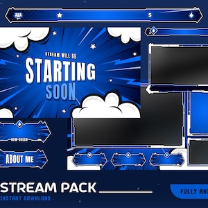 May include: A blue and white animated stream pack design with the text "Stream Will Be Starting Soon." The pack includes various overlay elements, such as chat boxes and alerts, with a comic book style.
