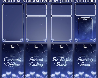 Nachtblume animierte Tiktok Overlay Stream Paket, vertikal Twitch, Tiktok Live Overlay, gemütliches Blumen, Halbmond-Overlay, SternennachtDesign