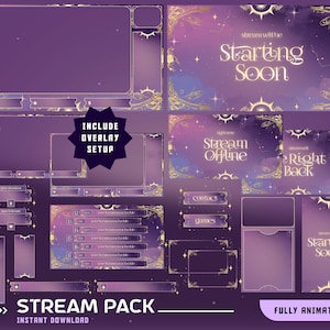 May include: A digital stream pack with a celestial theme. The design features a purple and gold color scheme with starry accents. The pack includes overlay setups, stream screens, and animated elements. Text includes "Starting Soon", "Stream Offline", and "Right Back".