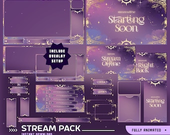 Regal Galaxy Animated Stream Overlay Paket, elegante Goldlinien, lila Galaxie Overlay, Sternenhimmel, Konstellations-Overlay, weiches Leuchten