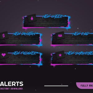 May include: Animated streaming overlay alerts. The design includes five rectangular boxes with a brick texture, edged with blue and pink paint splatters. Each box displays an icon and text, such as "NEW-CHEER", "NEW-DONATION", "NEW-RAID", "NEW-FOLLOWER", and "NEW-SUBSCRIBER".