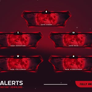 May include: A digital graphic with a dark red theme, featuring five animated alert boxes. Each box has a red moon background with silhouettes of birds. Text includes "New Cheer," "New Donation," "New Raid," "New Follower," and "New Subscriber."