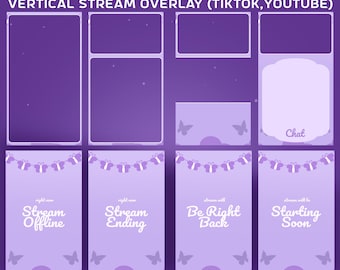 Hängende Schmetterlinge animiertes Tiktok Overlay Stream Paket, vertikal Twitch, Tiktok Live Overlay, Schmetterlingsgirlandendesign, weiches LilaWolke