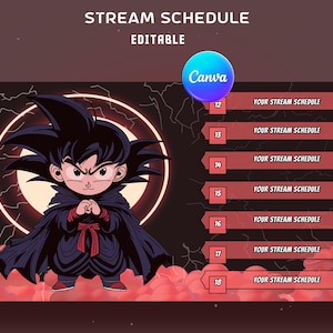 May include: A digital stream schedule template featuring a cartoon character in a black cape. The text "STREAM SCHEDULE EDITABLE" is at the top. The schedule includes time slots from 12 to 18, with space for stream details.