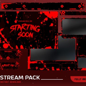 Può includere: Un pacchetto di streaming digitale con una combinazione di colori rosso scuro e nero. Il design include vari elementi di sovrapposizione, come una schermata "Starting Soon", sezioni "New Cheer" e "About Me" e più riquadri di visualizzazione. Sono visibili anche le parole "Stream Pack" e "Fully Animated".