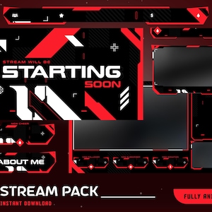 May include: A digital stream pack design with a futuristic aesthetic. The design features a black and red color scheme with geometric shapes and the text "STARTING SOON" and "ABOUT ME". The words "STREAM PACK" and "INSTANT DOWNLOAD" are also visible.