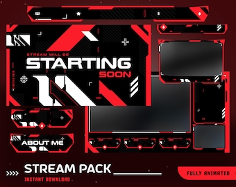 Hyper Grid Animiertes Stream Overlay Paket, Rot Schwarz Theme Overlay Design, Cyber Stream, Futuristisches Twitch Overlay, Label, Border Cam,Panel