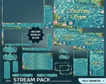 Bloom Lagoon animiertes Stream-Overlay-Paket, türkisfarbenes florales Twitch-Overlay, Naturbotanik, rosa Wildblume, Wasserwellen, Fantasiewald