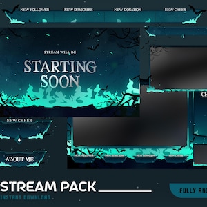 May include: A digital stream pack in dark teal and black. The design features animated elements, including bats and flames, with text reading "Starting Soon", "New Follower", "New Subscribe", "New Donation", "New Cheer", and "About Me".