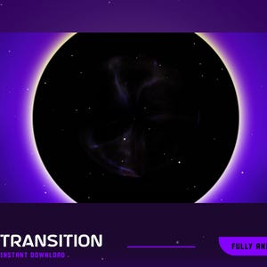 May include: A digital graphic with a dark circle in the center, surrounded by a glowing yellow-white ring. The background is a gradient of purple and blue, with small white stars. The word "TRANSITION" is at the bottom.