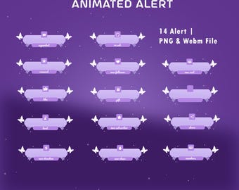 Hängende Schmetterlinge animierte StreamAlert-Overlay-Paket, Pastell-Lila-Weiß, schwimmende Schmetterlings-Warnung, weiches Wolkendesign, Glitzereffekt