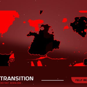 May include: A digital graphic with a dark red gradient background. The image features several black shapes outlined in red, resembling abstract map outlines. The word "TRANSITION" is displayed in white text, along with "INSTANT DOWNLOAD" and "FULLY ANIMATED".