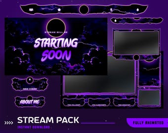 Void Light Animierte Stream Overlay Paket, Sonnenfinsternis Kunst Twitch Overlay, Lila Blitz Vtuber Overlay, animierter Mystischer Himmel Hintergrund
