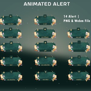 Peut inclure: Un ensemble de 14 superpositions d'alertes animées rectangulaires vert foncé pour le streaming numérique. Chaque alerte présente des accents d'étoiles dorées, un parchemin, des cristaux et un mortier avec pilon. Le texte inclut des étiquettes comme superchat, re sub, new follower, new raid, like, gift, host, new subscriber, share, new donation, new cheer et members.