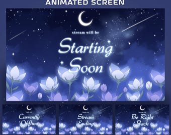 Nachtblumen-animiertes Stream-Bildschirm-Overlay-Paket, blaue und purpurrote Ästhetik, gemütlicher Blumenbildschirm, Sternennachtdesign, Halbmond-Overlay