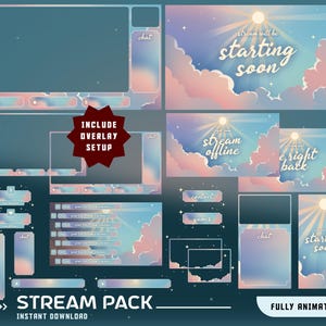 Sunbeam Clouds Animated Stream Overlay Package, Soft Cloud Theme, Sunray Overlay, Starry Sky, Pink And Blue Aesthetic, Soft Glow Design