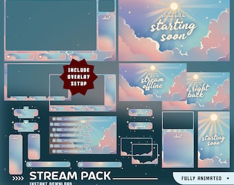 Sonnenstrahl-Wolken animiertes Stream-Overlay-Paket, weiches Wolken-Thema, Sonnenstrahl-Overlay, Sternenhimmel, rosa und blaue Ästhetik, weiches Glow-Design