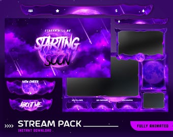 Großer Mond animierte Stream Overlay Paket, Lila Galaxie Overlay, Mond Wolke Thema Twitch Overlay, Kosmisches Tracking, Mystische Vtuber Overlay