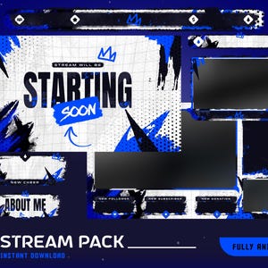 Può includere: Un design di pacchetto di streaming digitale con uno schema di colori blu e bianco. Il design include overlay animati, con testo che recita "Starting Soon" e "About Me". Il pacchetto è completamente animato e disponibile per il download immediato.