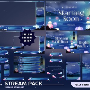 May include: A digital stream overlay pack featuring a night scene with a lighthouse, bridge, and glowing lotus flowers on water. Includes screens for Starting Soon, Stream Offline, and Be Right Back, plus chat boxes, alert bars, and info panels.